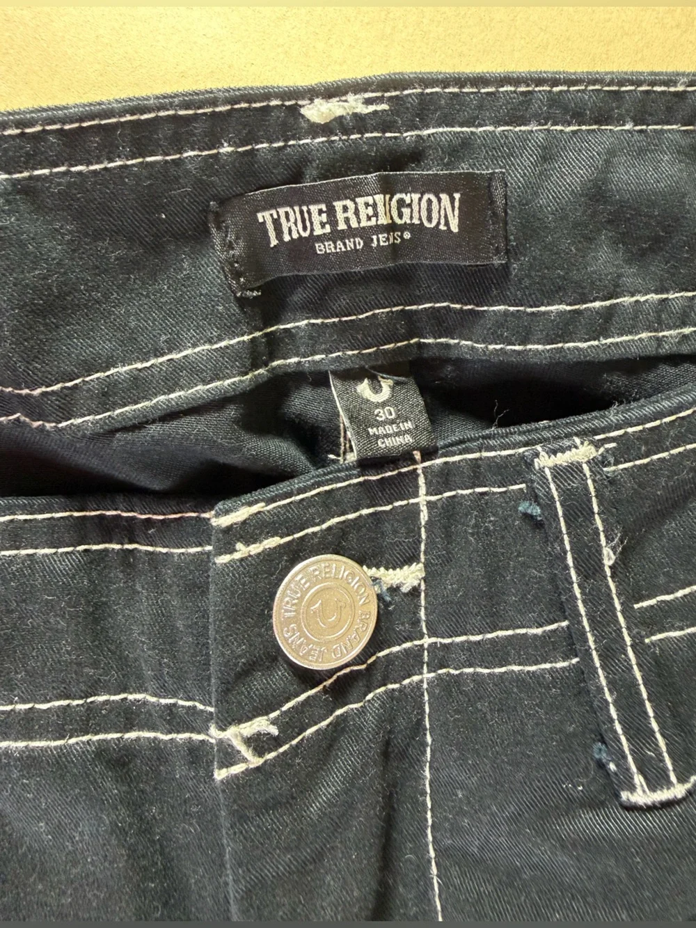True Religion Men’s Black Slim Straight Jeans with White Stitching